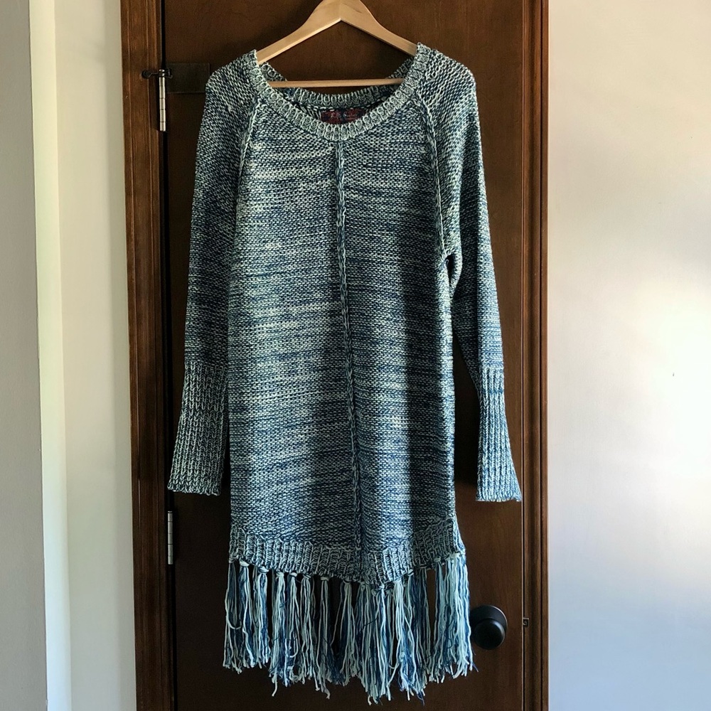 Selfie Couture Blue Knit Sweater Dress w/ Fringe